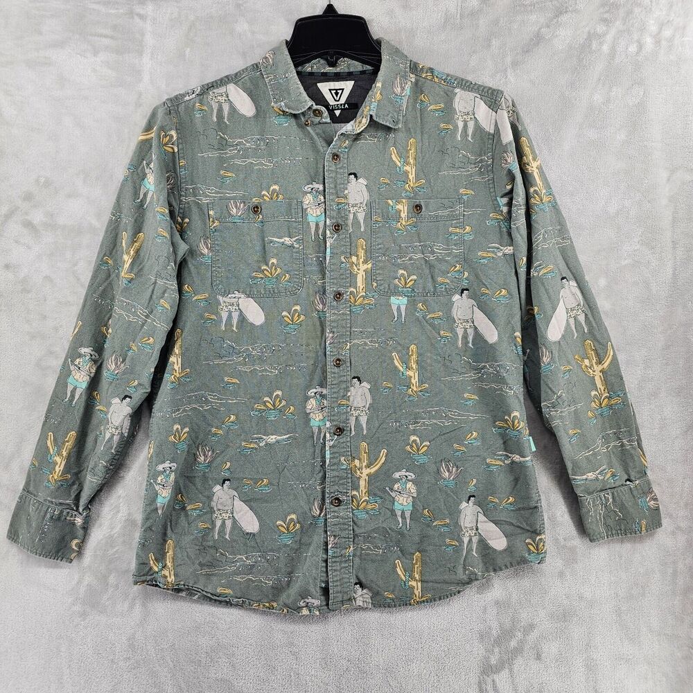 Vissla Mens Medium Long Sleeve Button Up‎ Beach Print Hawaiian